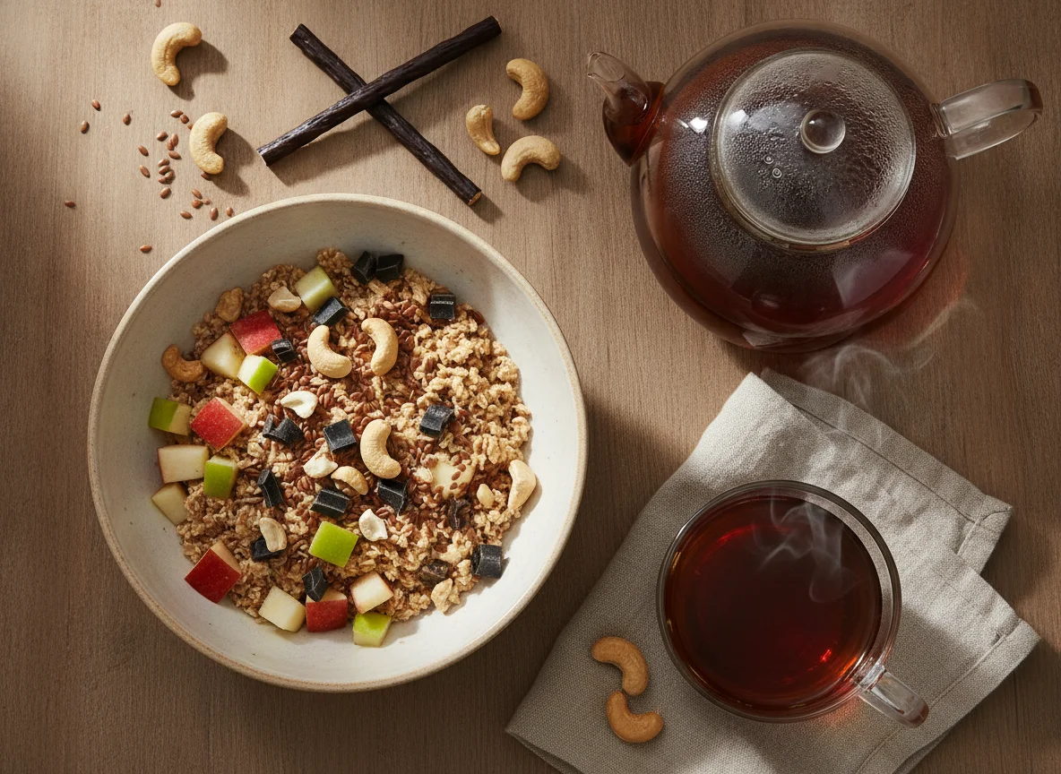 Müsli mit Apfel, Leinsamen, Cashewkernen und Lakritz, dazu schwarzer Tee photo