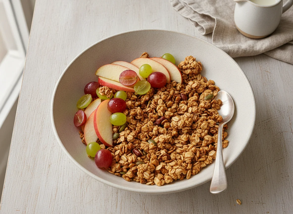 Müsli mit Apfel und Weintrauben photo