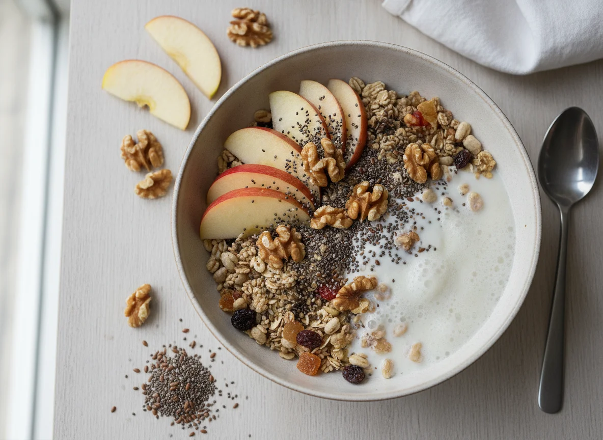 Müsli mit Apfel, Walnüssen und Samen photo