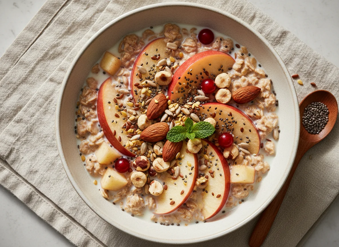Müsli mit Äpfeln, Nüssen und Samen photo