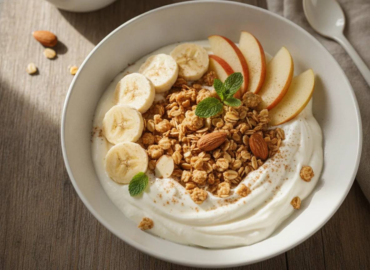 Müsli mit Banane, Apfel und Joghurt photo