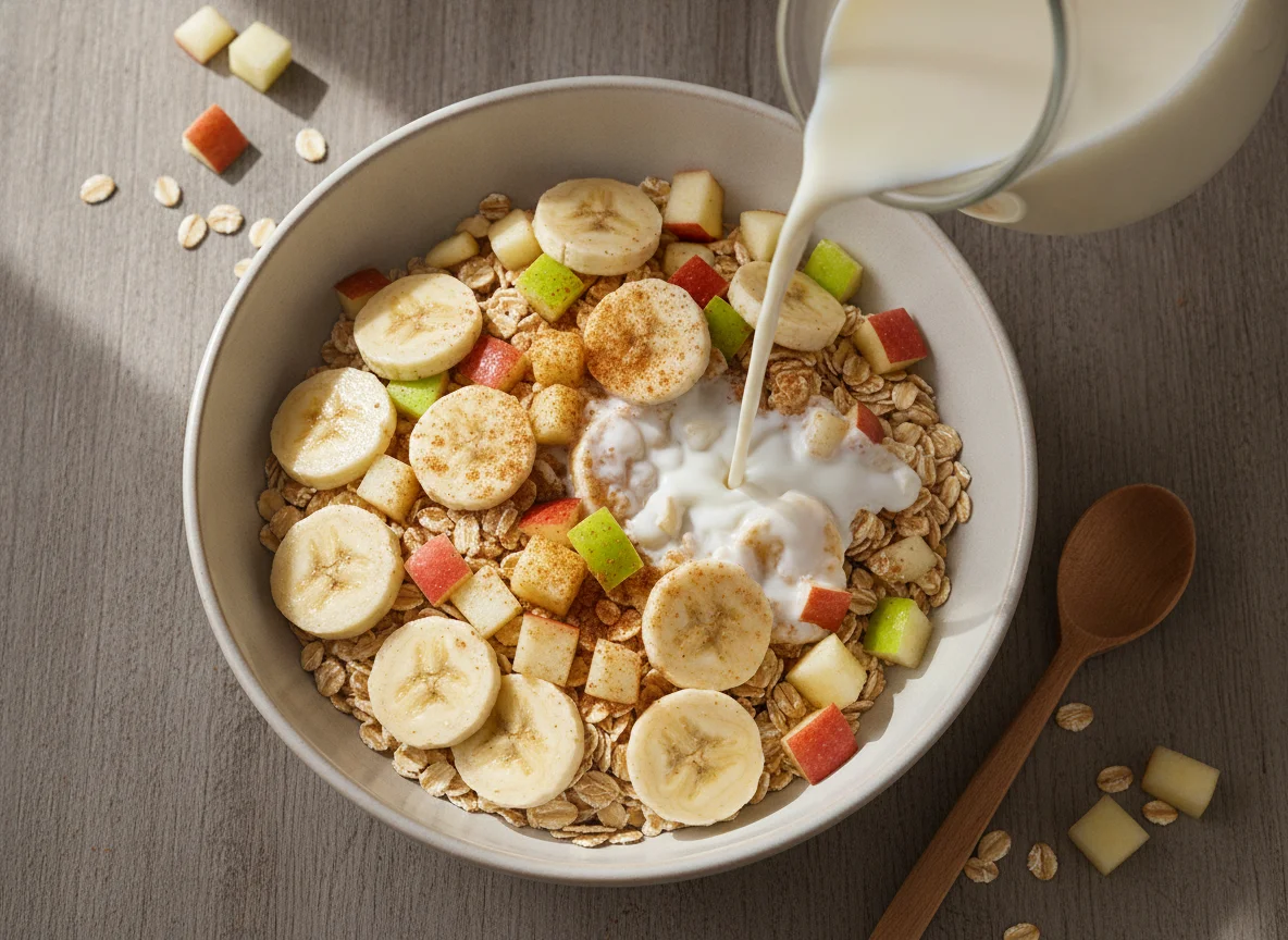 Müsli mit Banane, Apfel und Milch photo