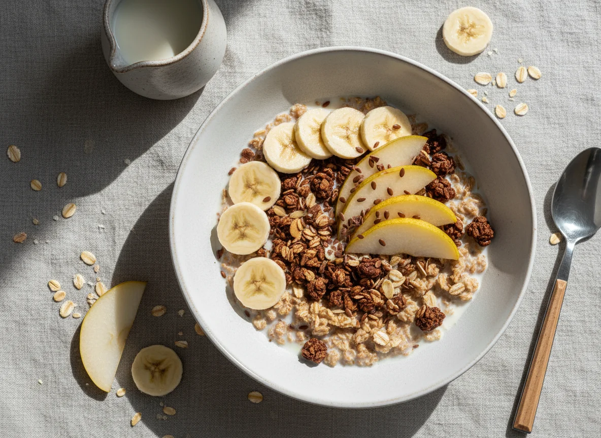 Müsli mit Banane, Birne und Milch photo