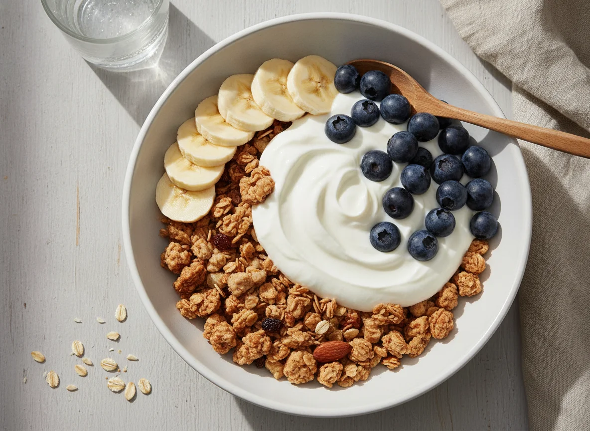 Müsli mit Banane, Blaubeeren und Joghurt photo