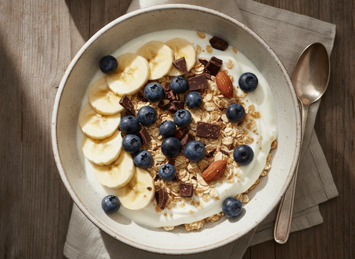 Müsli mit Banane, Blaubeeren und Schokolade photo