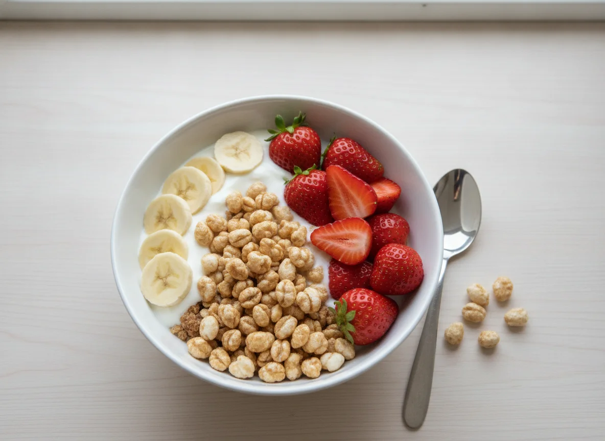Müsli mit Banane, Erdbeeren und Joghurt photo