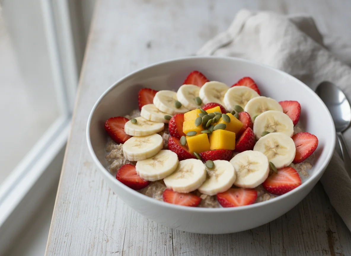 Müsli mit Banane, Erdbeeren und Mango photo