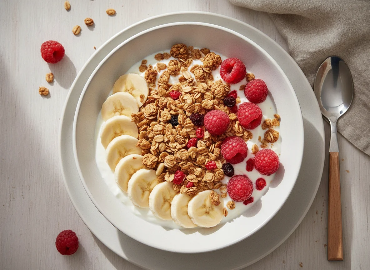 Müsli mit Banane, Himbeeren und Joghurt photo