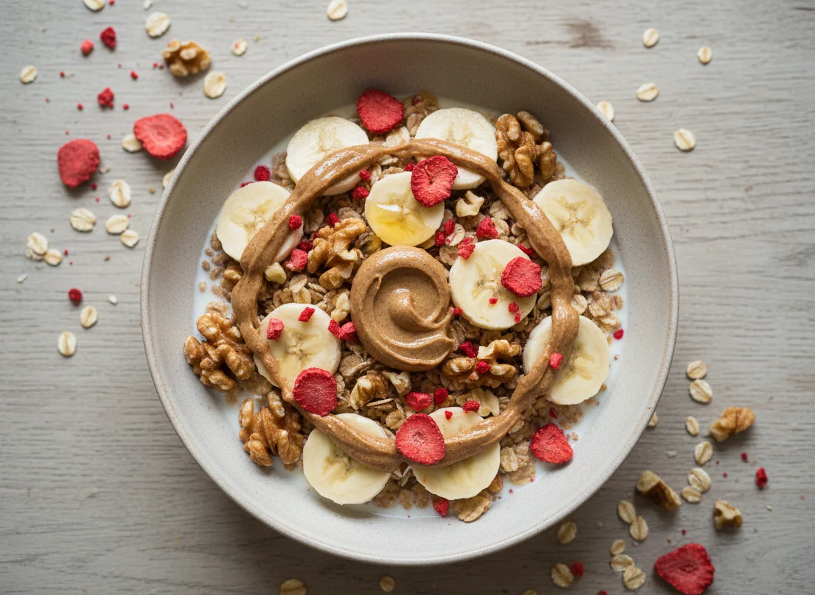 Müsli mit Banane, Nüssen und Beeren photo