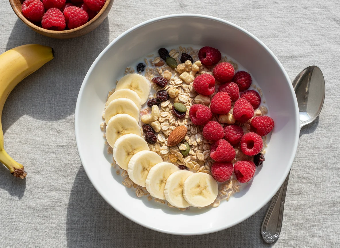 Müsli mit Banane und Himbeeren photo