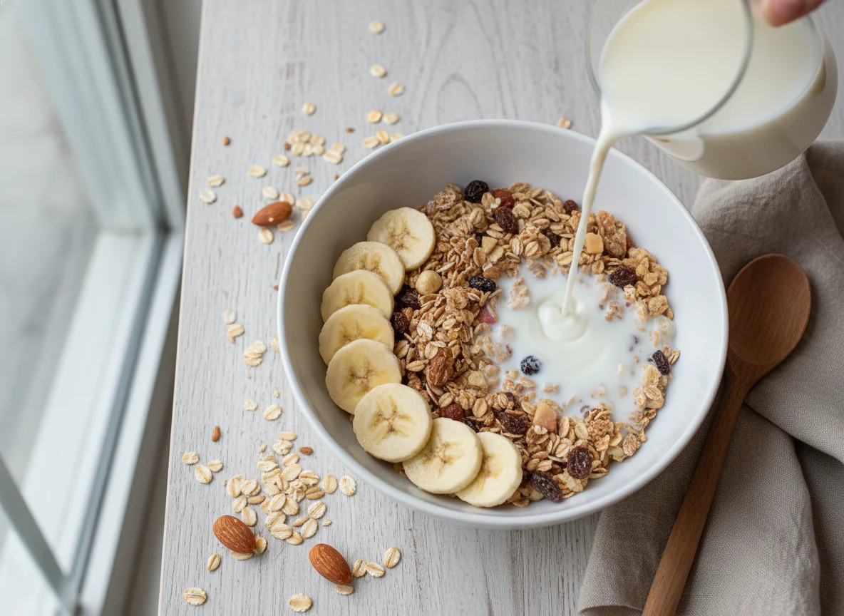Müsli mit Banane und Milch photo