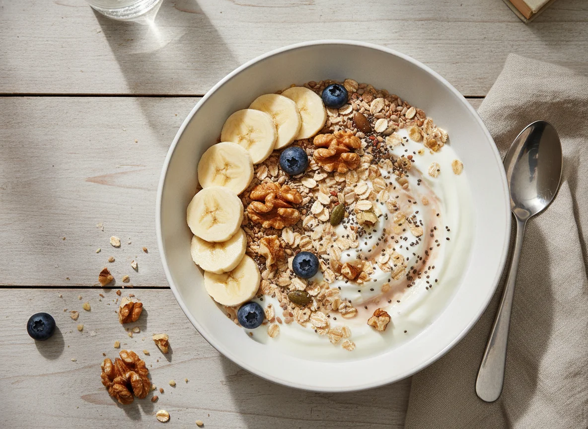 Müsli mit Banane und Walnüssen photo