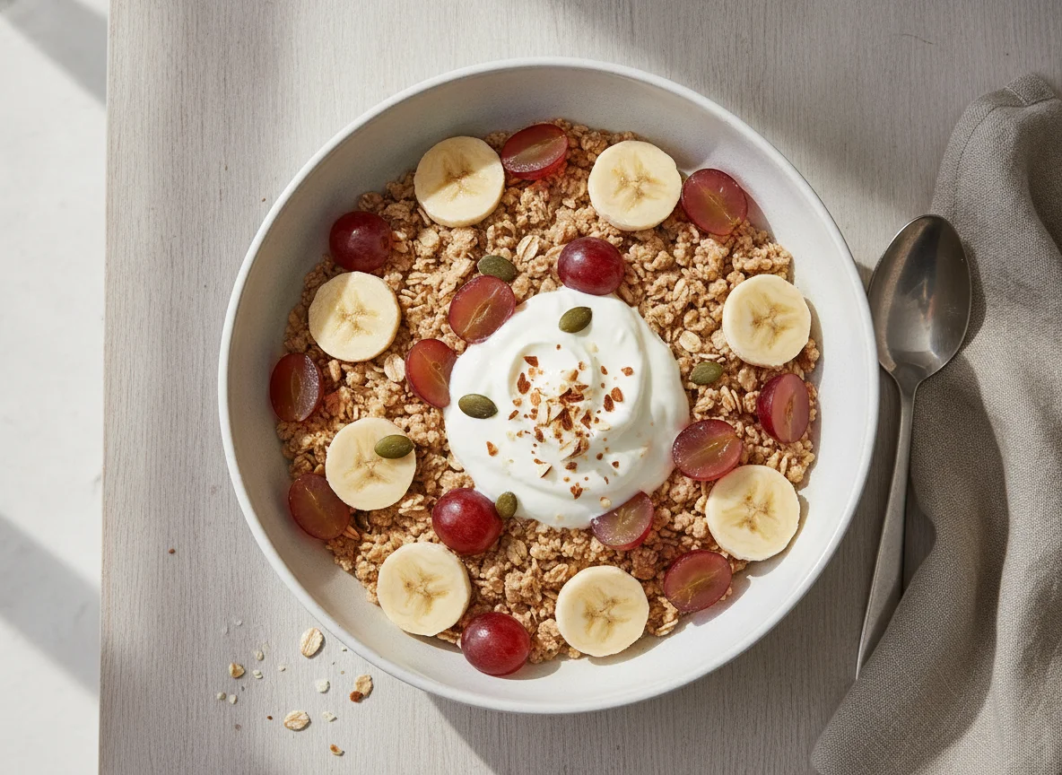 Müsli mit Banane, Weintrauben und Joghurt photo