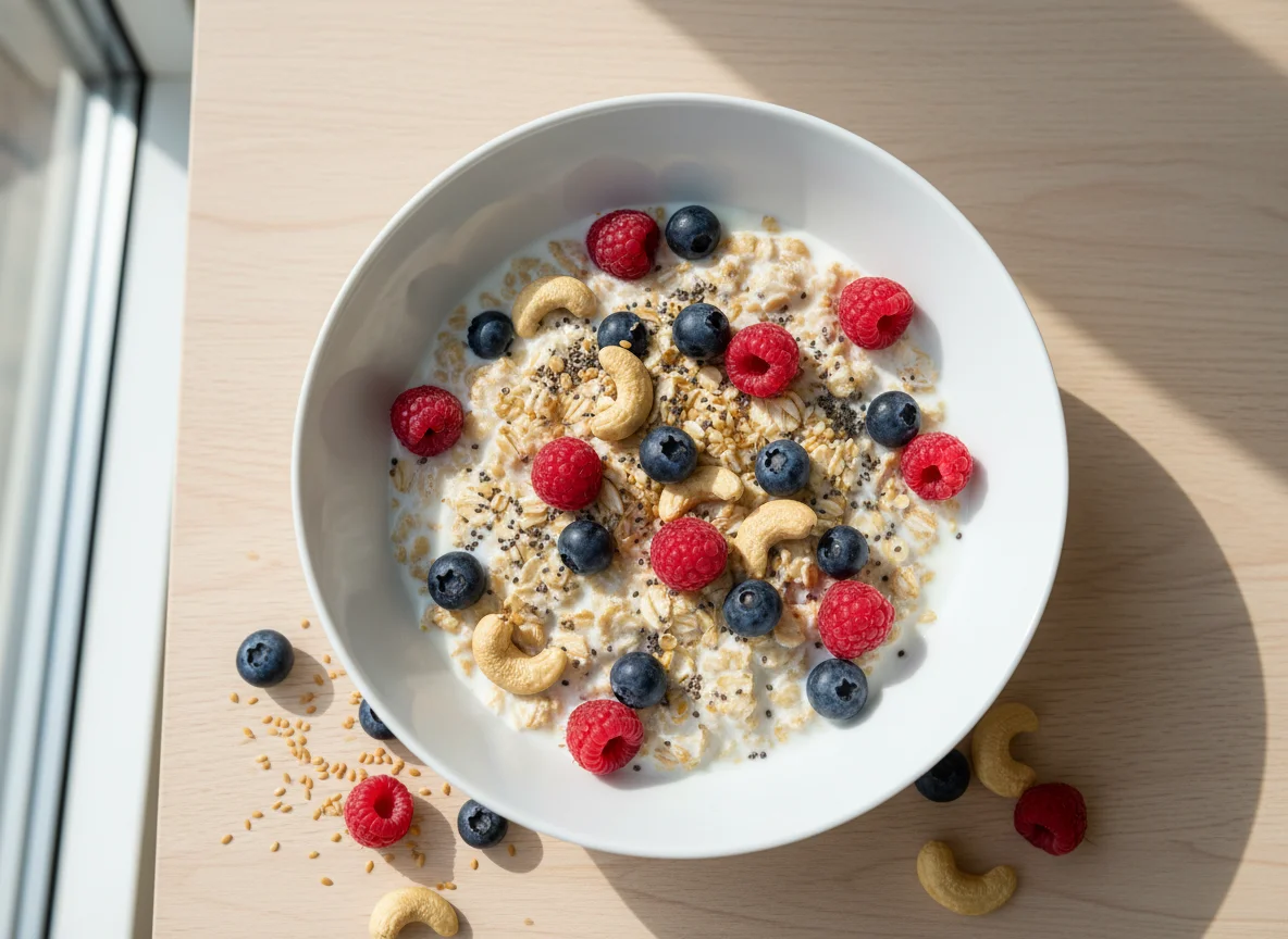 Müsli mit Beeren, Nüssen und Milch photo