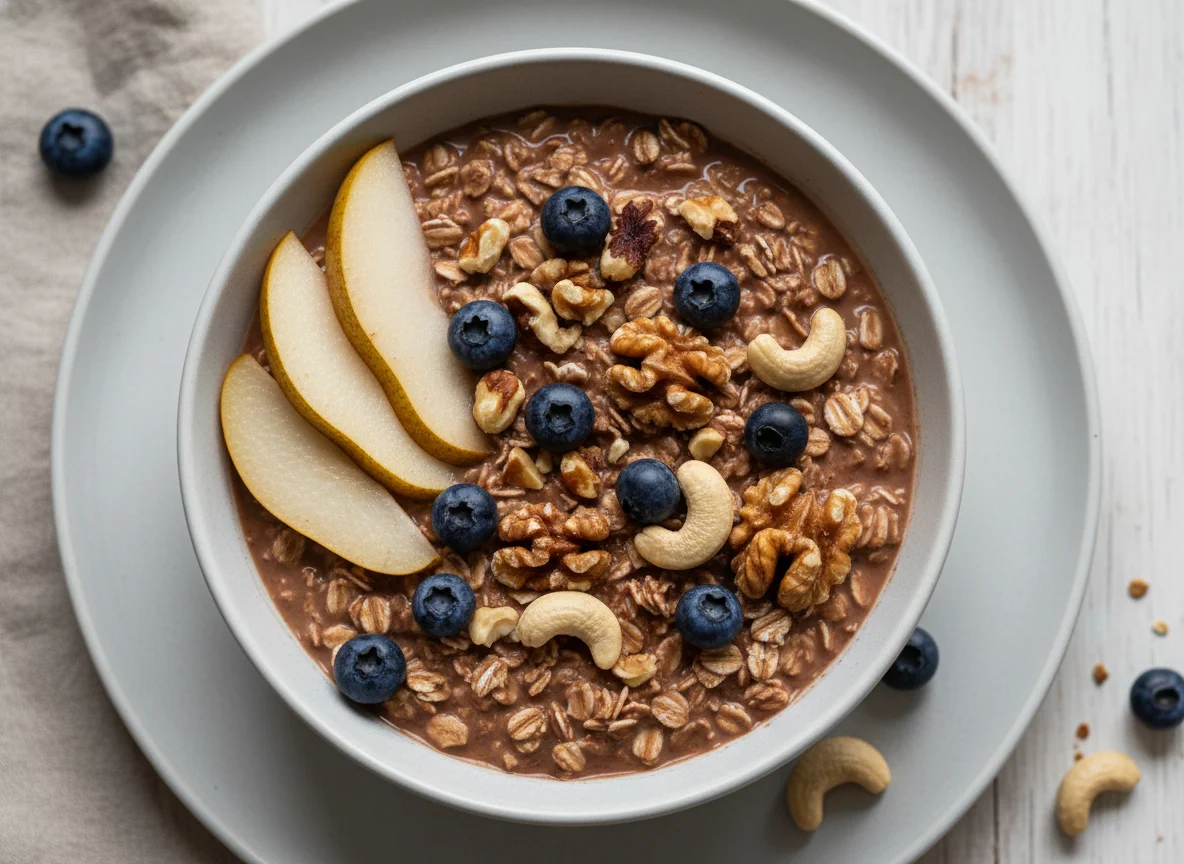 Müsli mit Birne, Blaubeeren und Nüssen photo