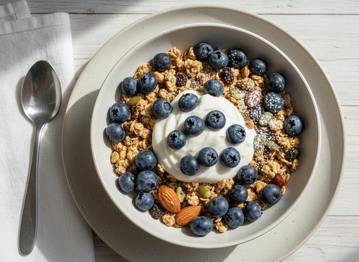 Müsli mit Blaubeeren und Joghurt photo
