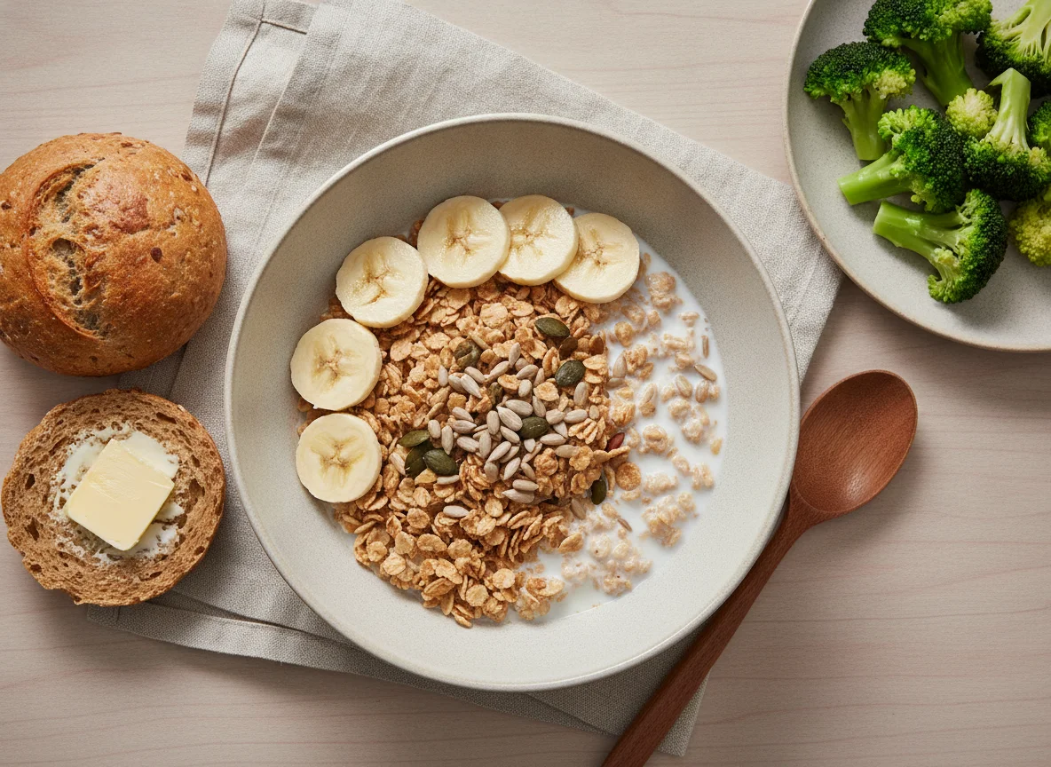 Müsli mit Brot und Brokkoli photo
