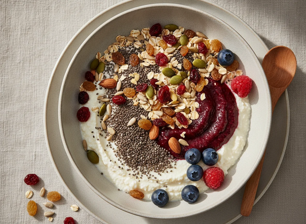 Müsli mit Chiasamen und Fruchtmus photo
