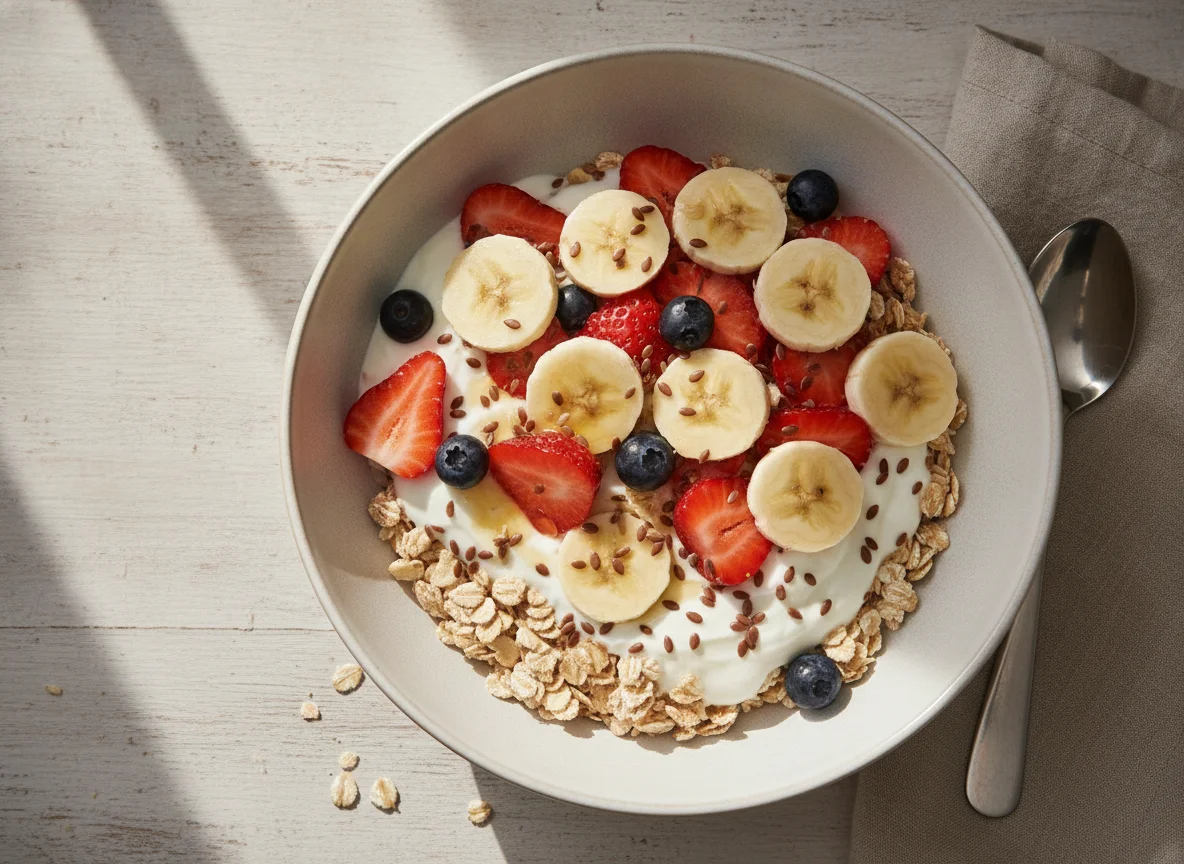 Müsli mit Erdbeeren und Bananen photo