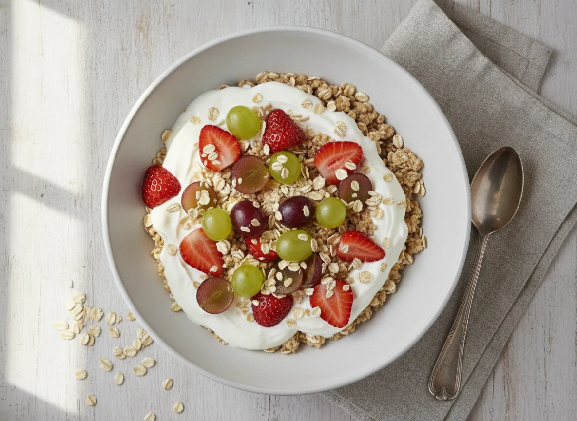Müsli mit Erdbeeren und Weintrauben photo