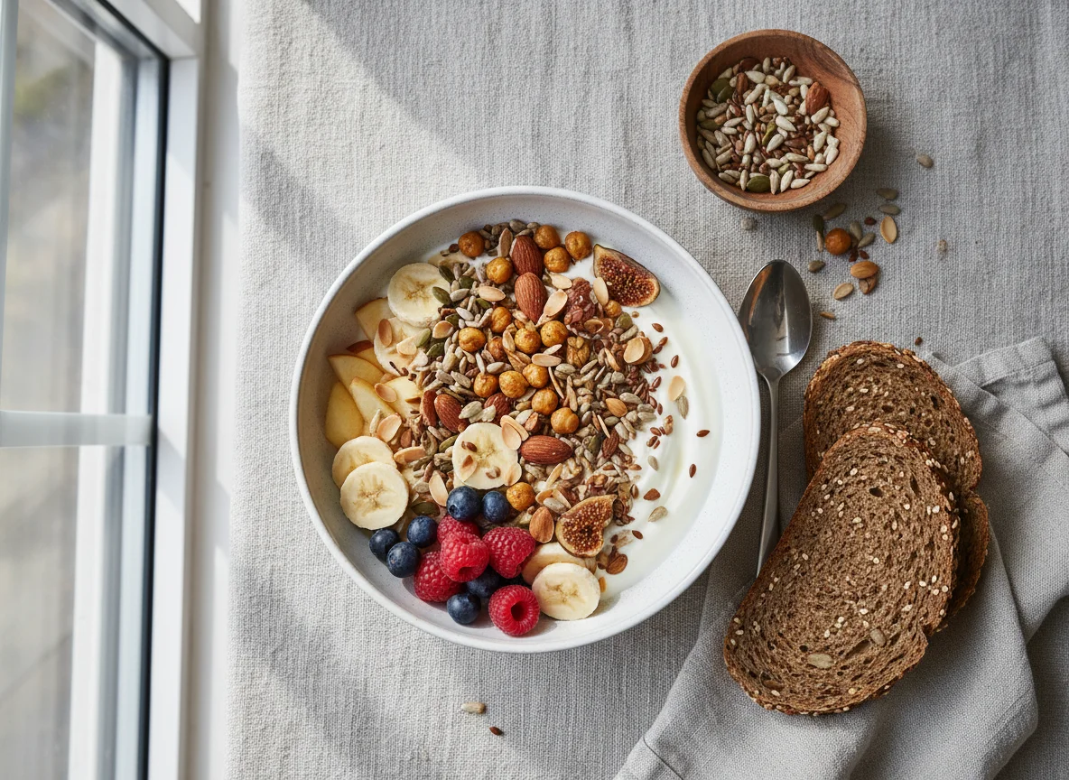 Müsli mit Früchten, Nüssen und Brot photo