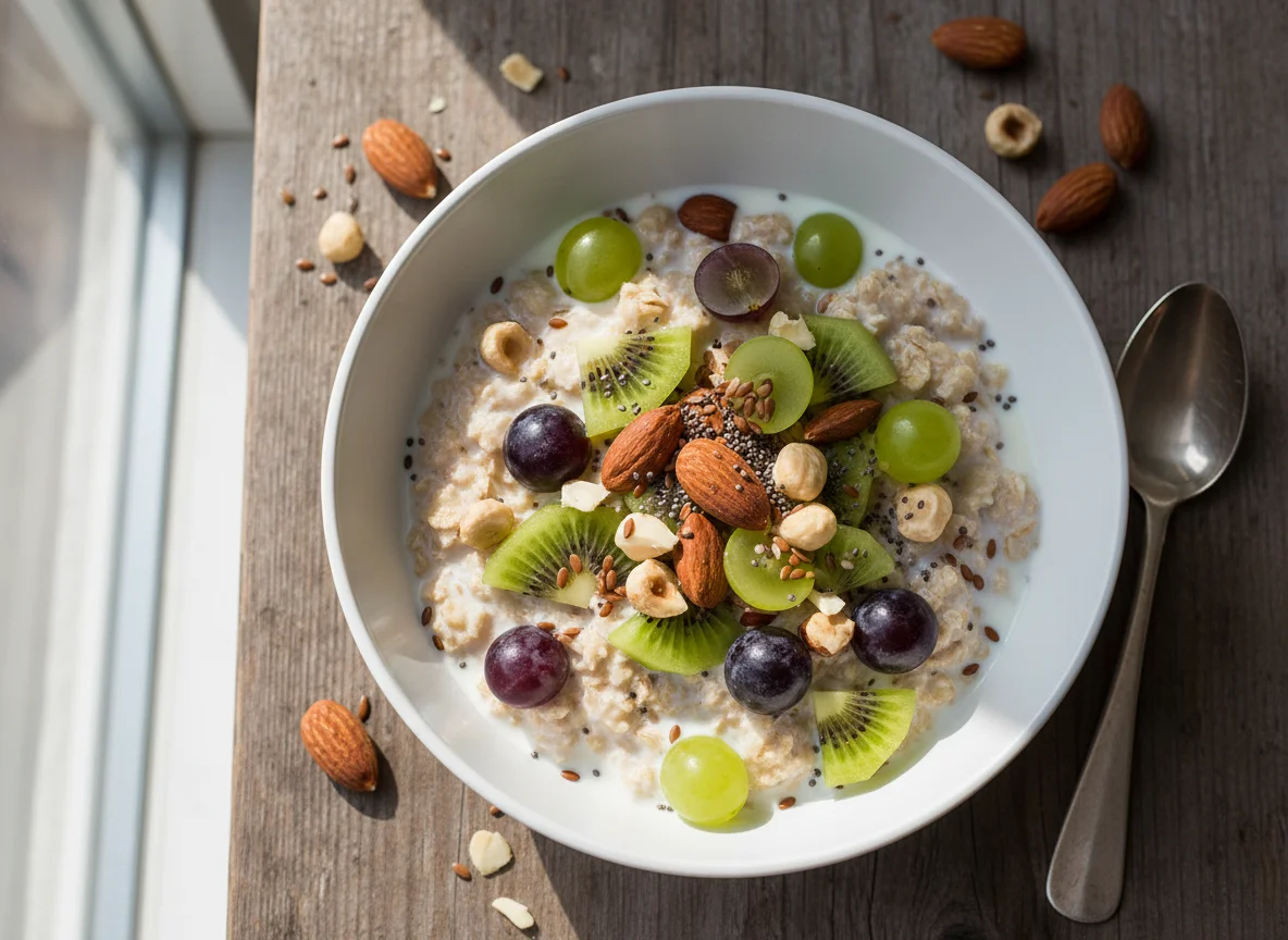 Müsli mit Früchten, Nüssen und Milch photo