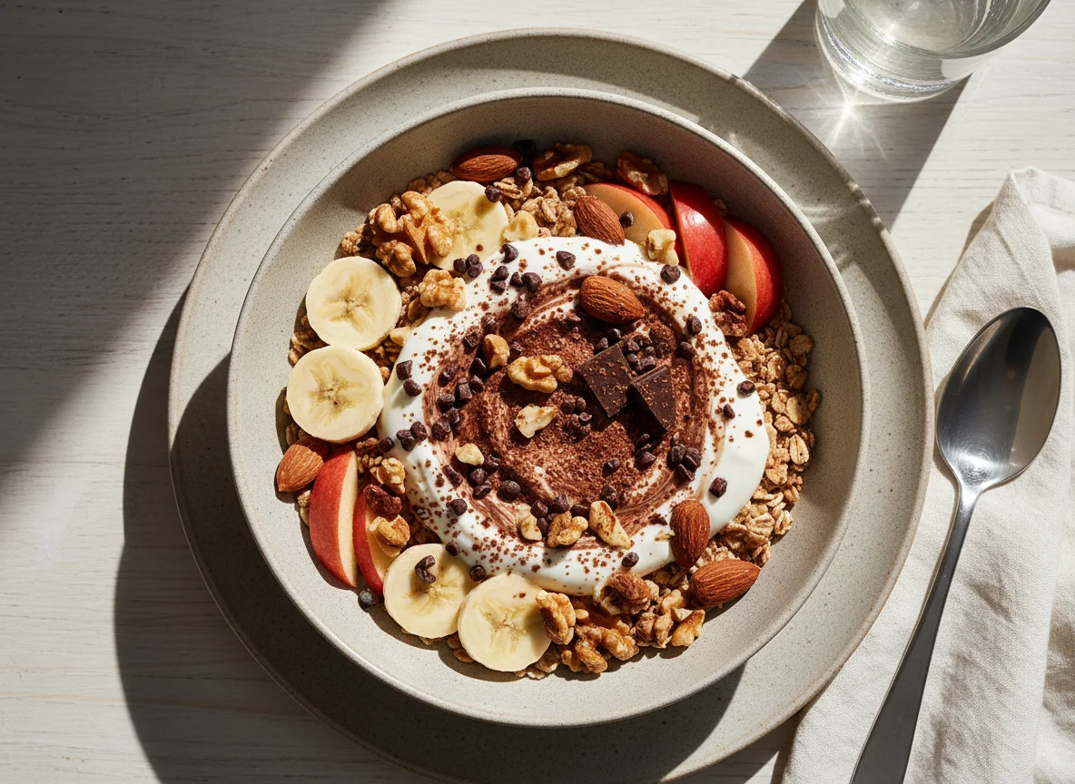 Müsli mit Früchten, Nüssen und Proteinpulver photo