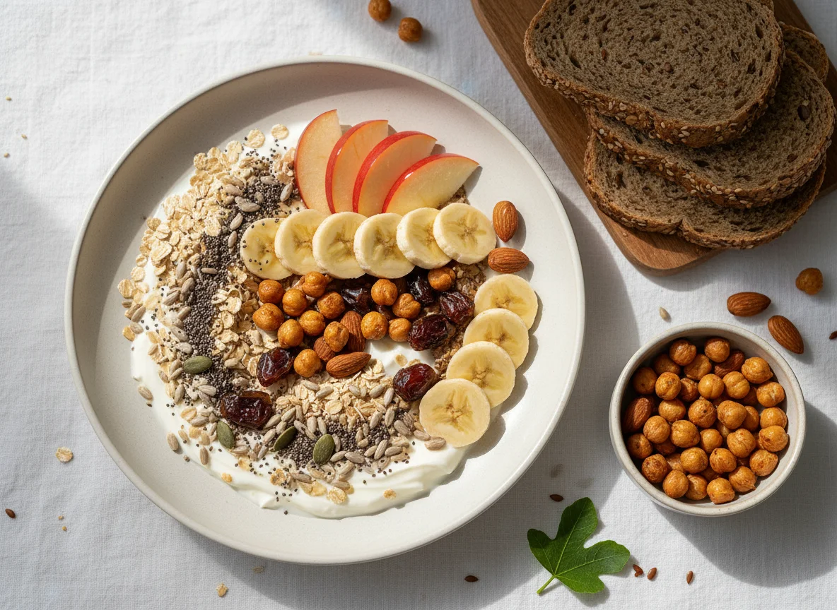 Müsli mit Früchten, Nüssen und Samen mit Vollkornbrot photo