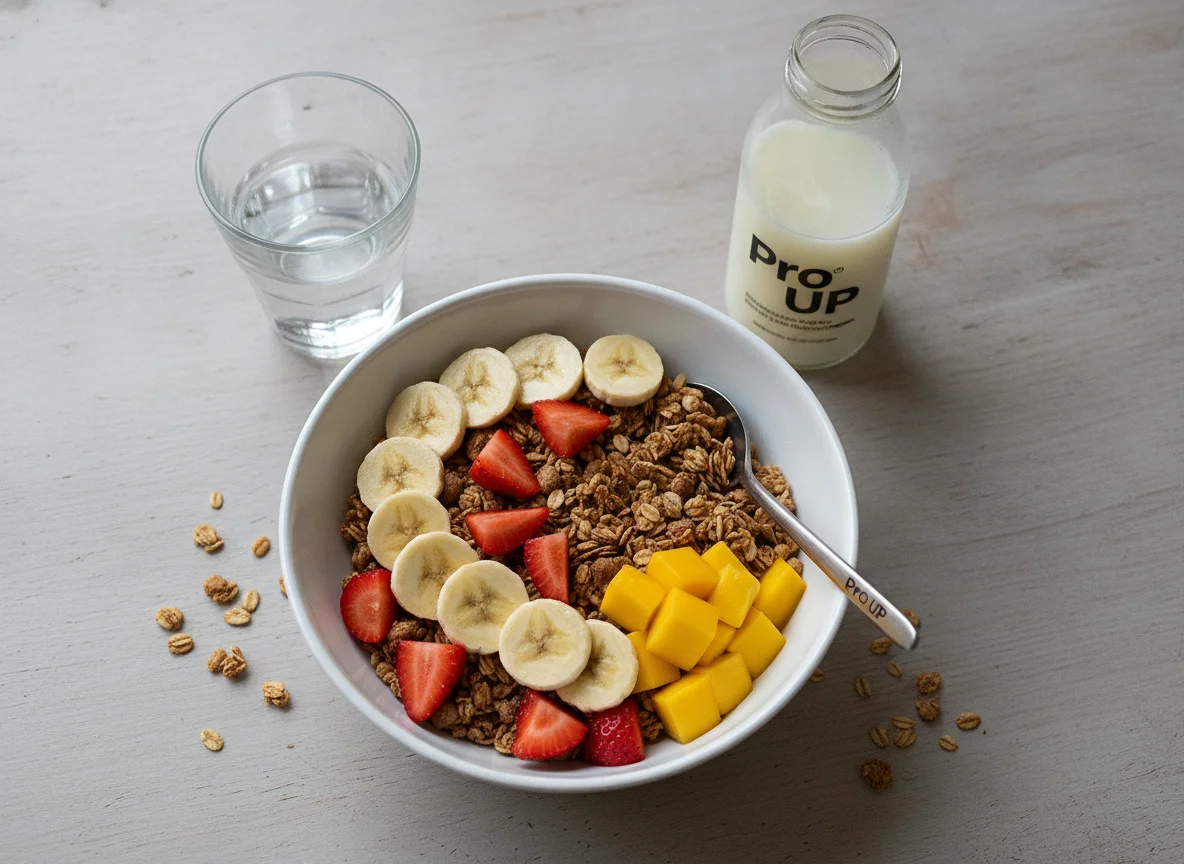 Müsli mit Früchten und Proteindrink photo