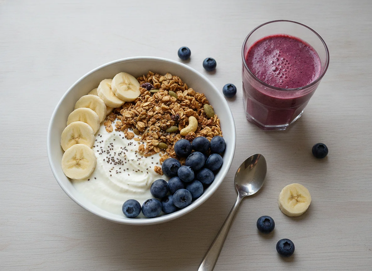 Müsli mit Früchten und Smoothie photo
