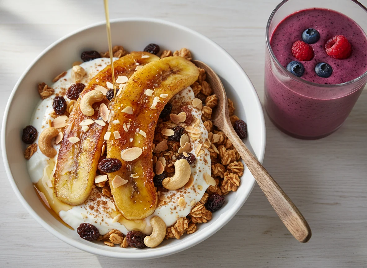 Müsli mit gebratenen Bananen und Smoothie photo