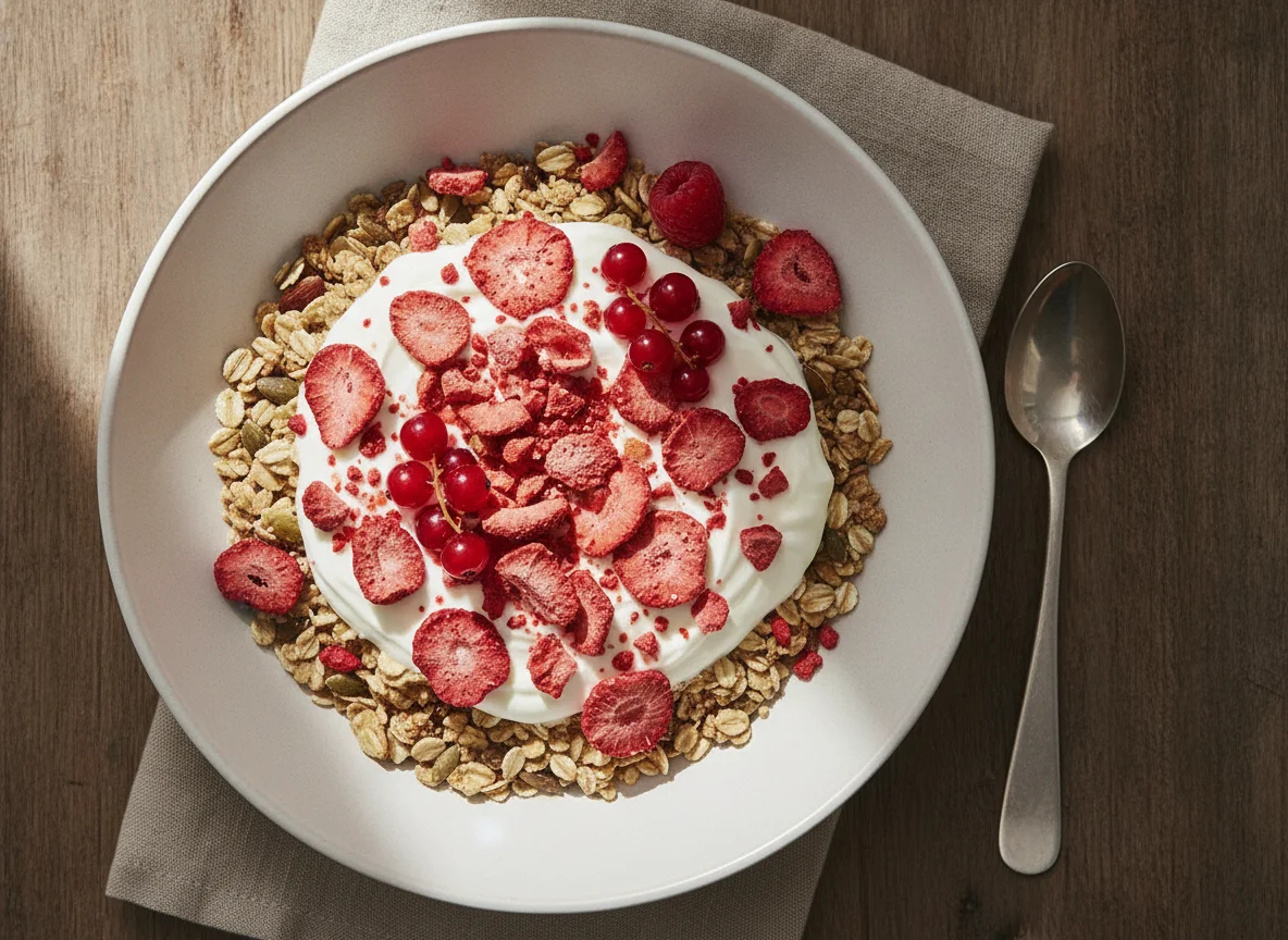 Müsli mit gefriergetrockneten Erdbeeren photo