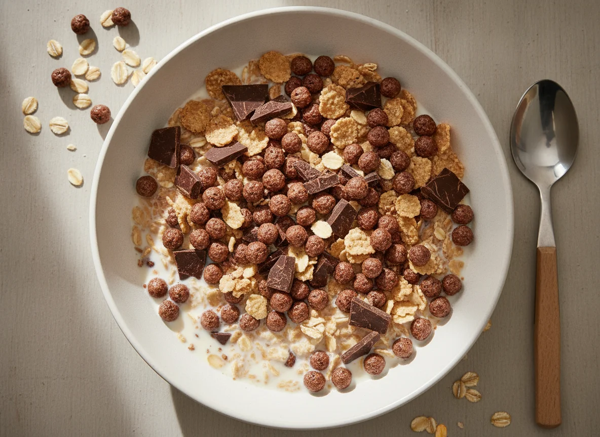 Müsli mit Haferflocken, Schokolade und Milch photo