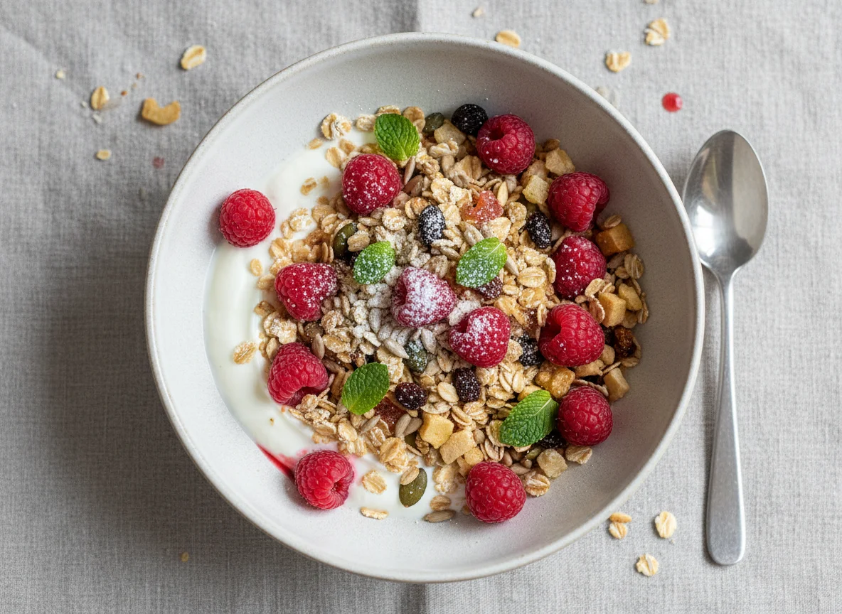 Müsli mit Himbeeren und Joghurt photo