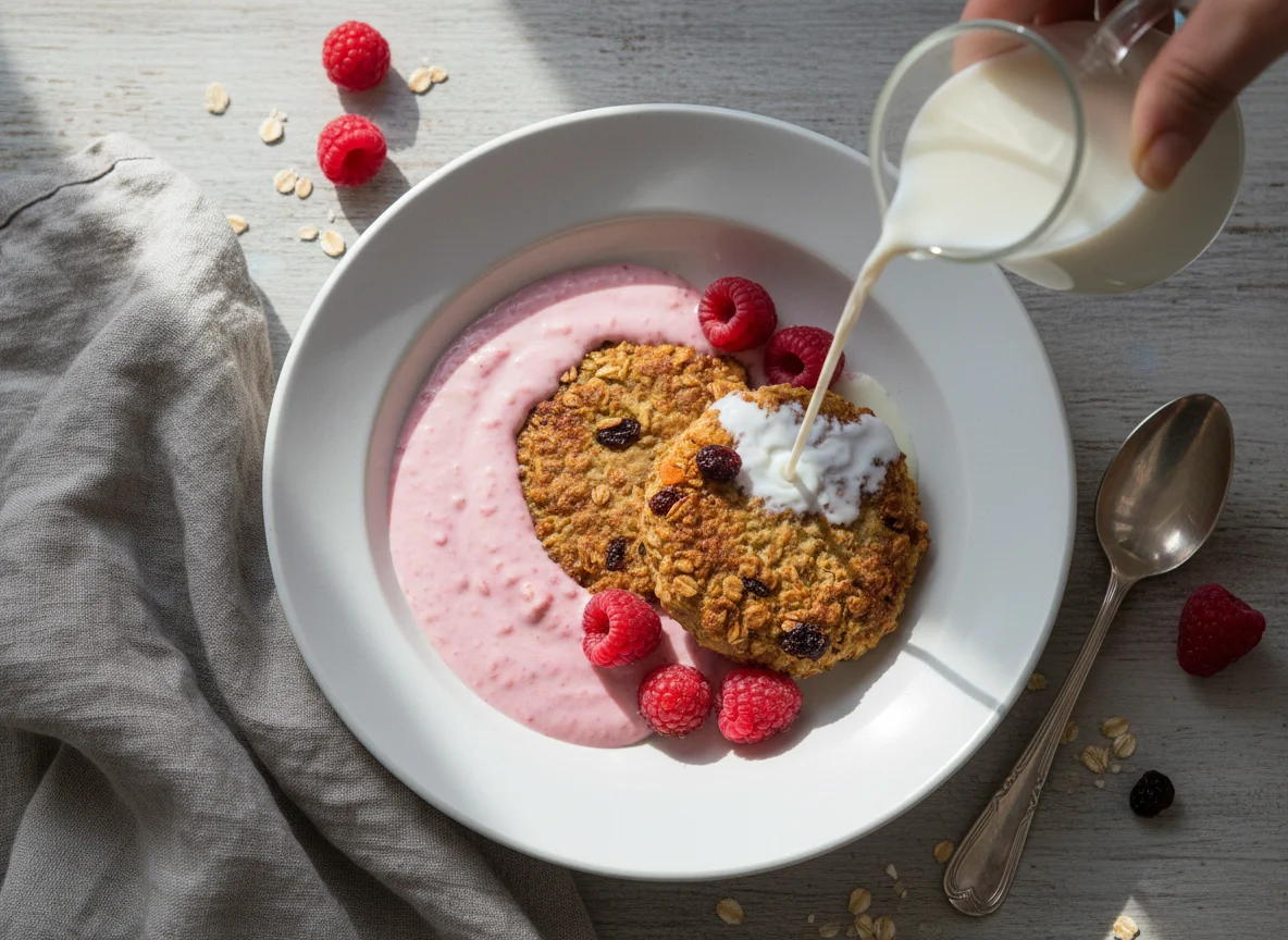 Müsli mit Himbeeren und Milch photo