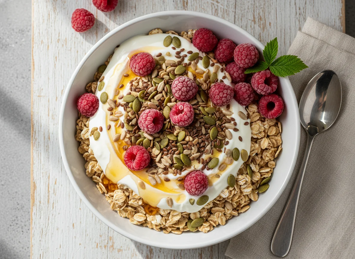 Müsli mit Himbeeren und Samen photo