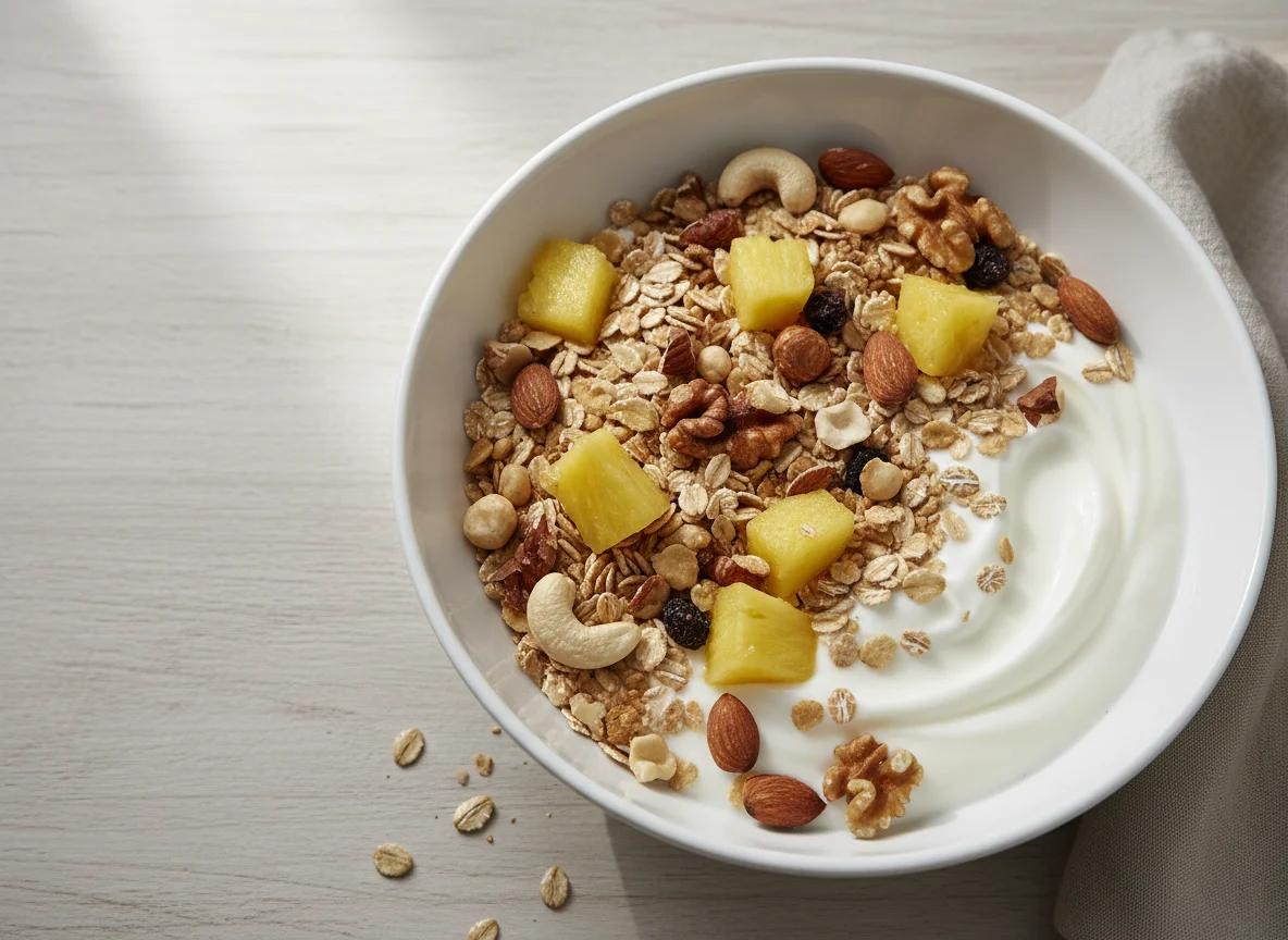 Müsli mit Joghurt, Ananas und Nüssen photo