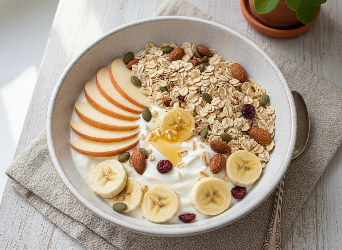 Müsli mit Joghurt, Apfel und Banane photo