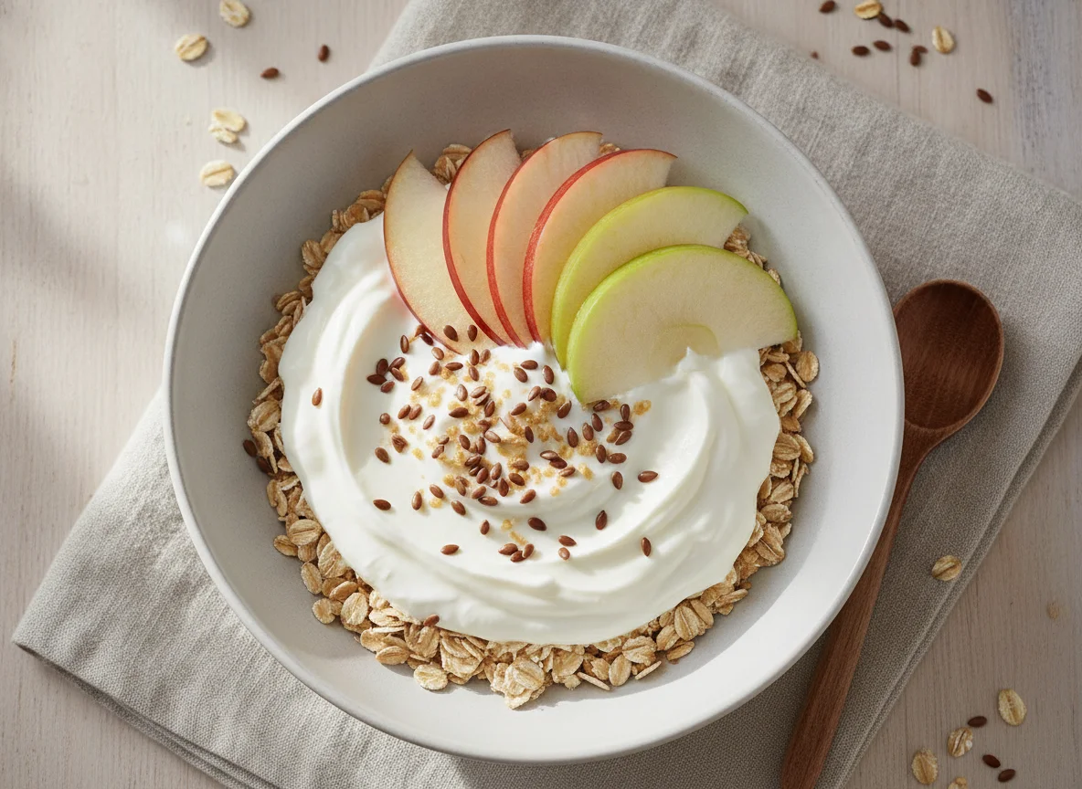 Müsli mit Joghurt, Apfel und Leinsamen photo