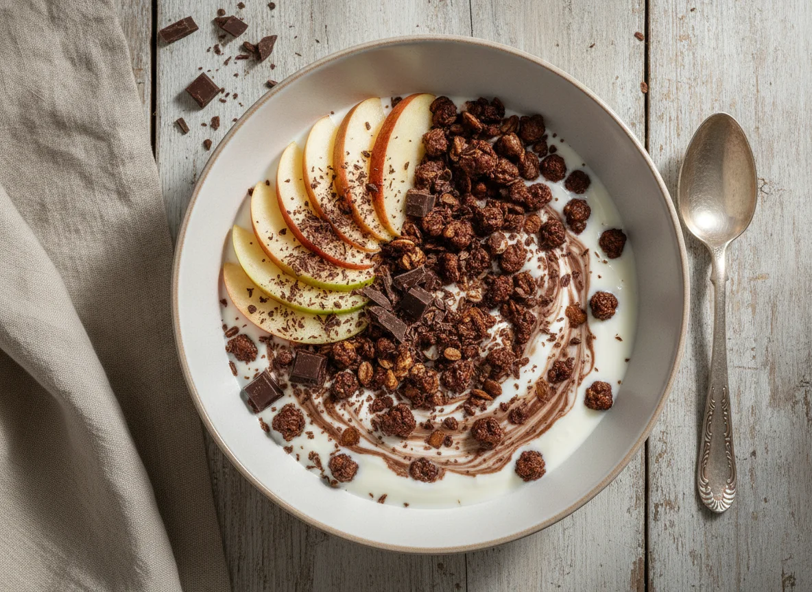 Müsli mit Joghurt, Apfel und Schokolade photo