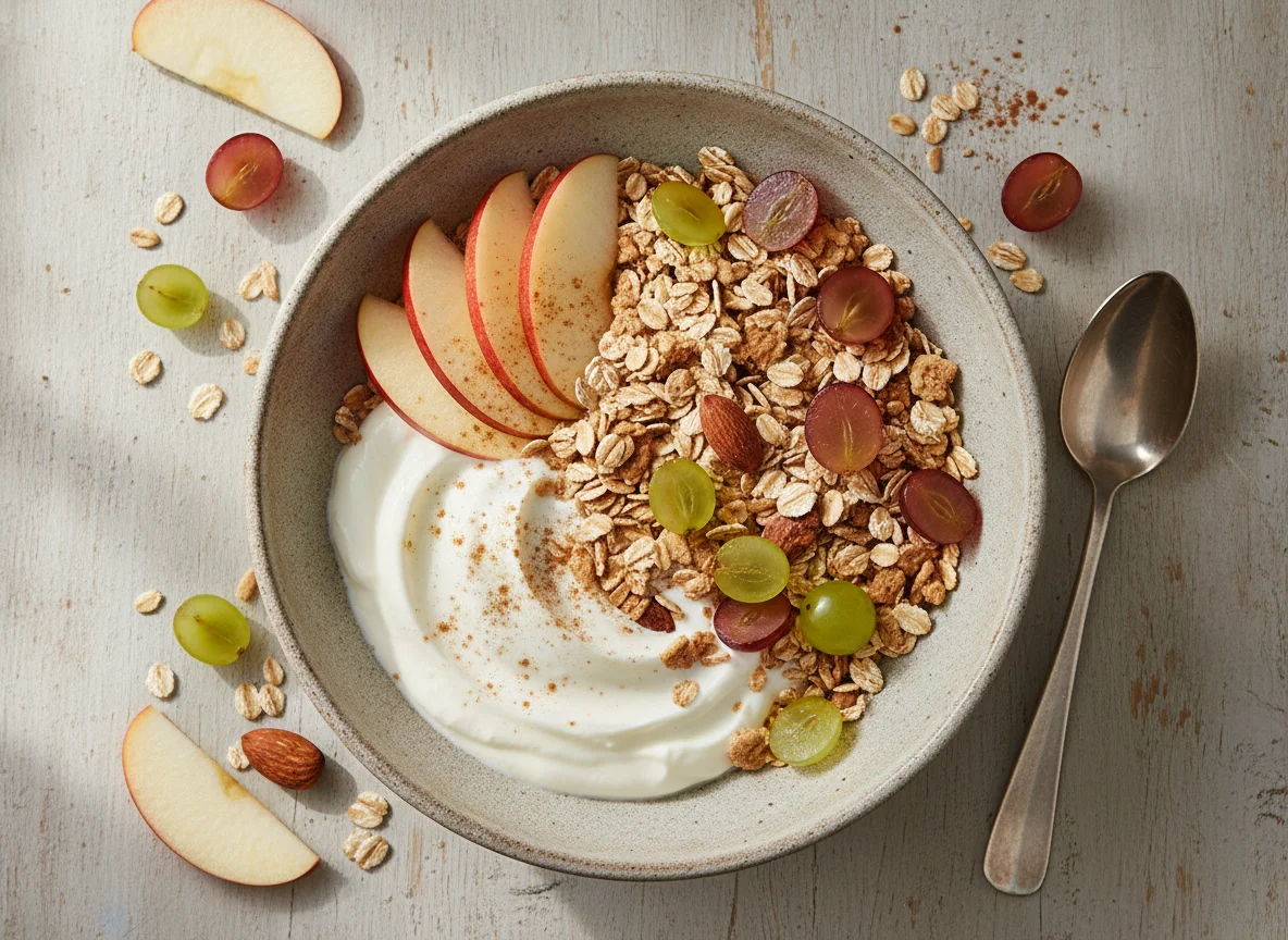 Müsli mit Joghurt, Äpfeln und Weintrauben photo
