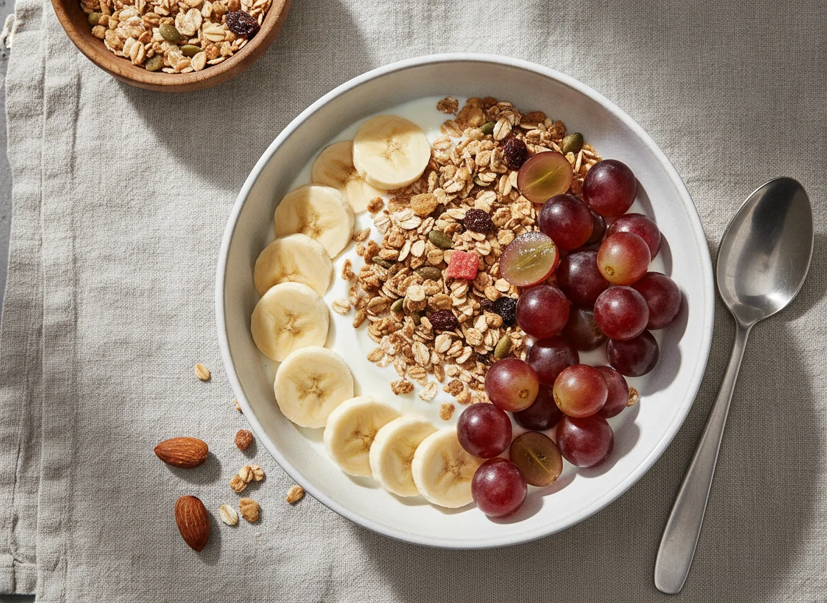 Müsli mit Joghurt, Banane und Weintrauben photo