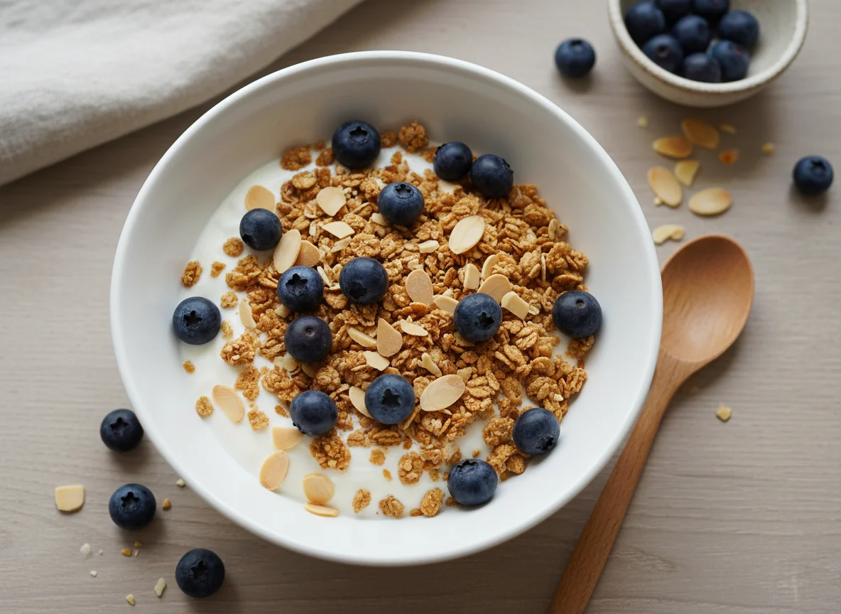 Müsli mit Joghurt, Blaubeeren und Mandeln photo