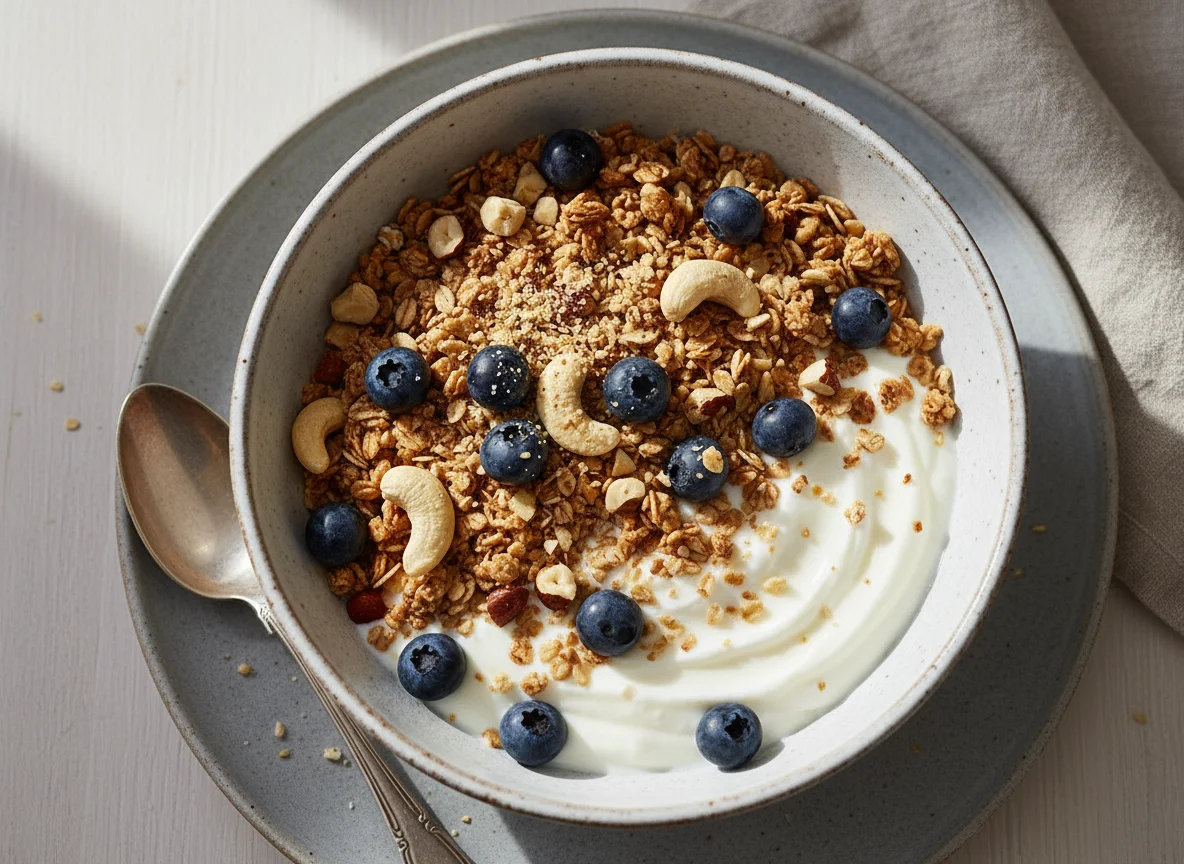 Müsli mit Joghurt, Blaubeeren und Nüssen photo