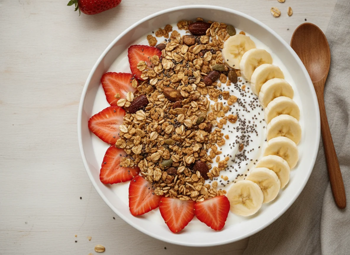 Müsli mit Joghurt, Erdbeeren und Banane photo