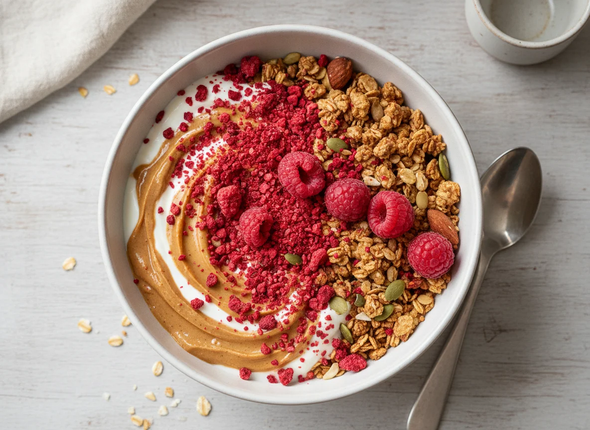 Müsli mit Joghurt, Erdnussbutter und Beeren photo