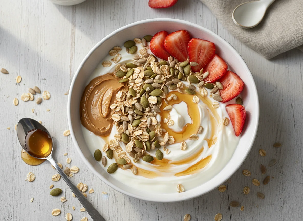Müsli mit Joghurt, Erdnussbutter und Honig photo
