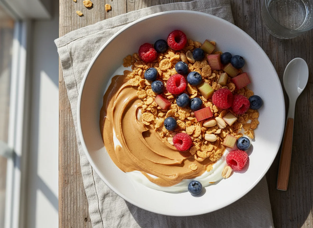 Müsli mit Joghurt, Früchten und Erdnussbutter photo