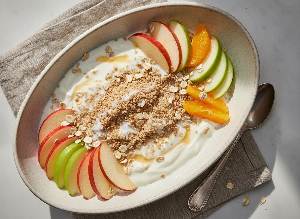 Müsli mit Joghurt, Haferflocken und Früchten photo