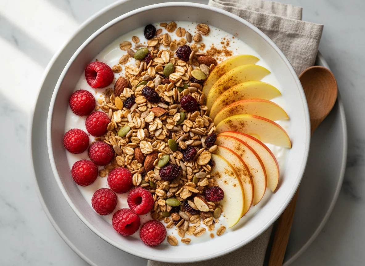 Müsli mit Joghurt, Himbeeren und Apfel photo